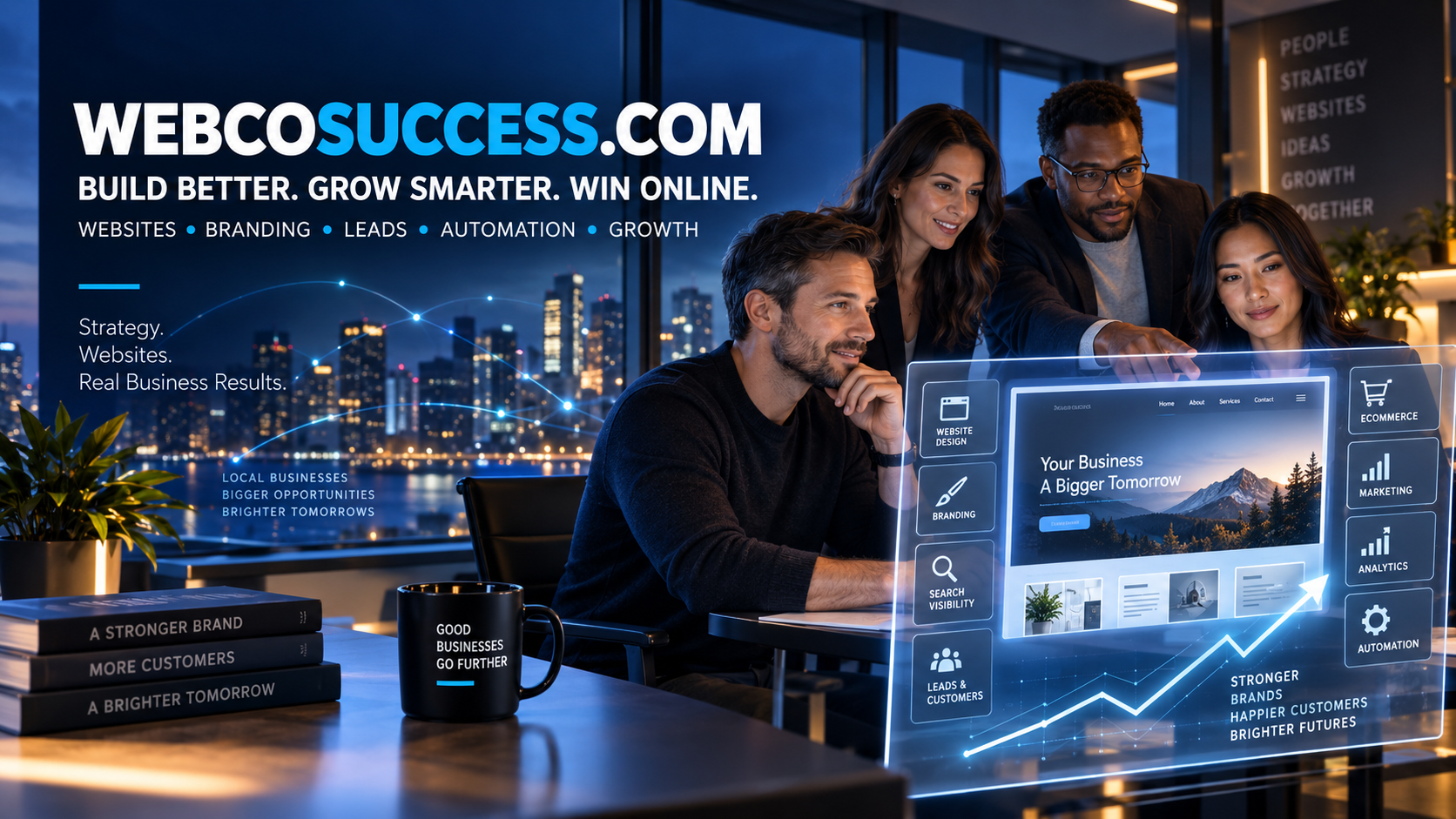 WebcoSuccess.com. Build better. Grow smarter. Win online. Websites, branding, leads, automation and growth. Illustrative team and business website artwork.